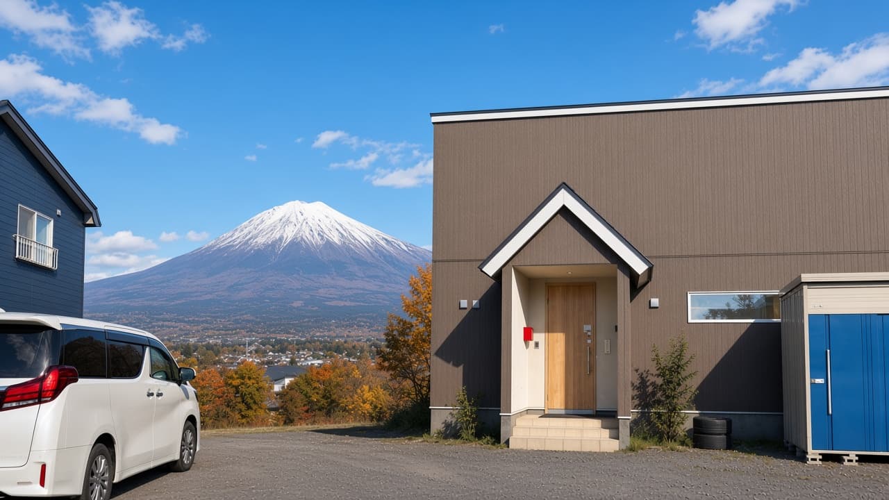 Happy House Niseko 外立面：木色门口、羊蹄山与蓝天